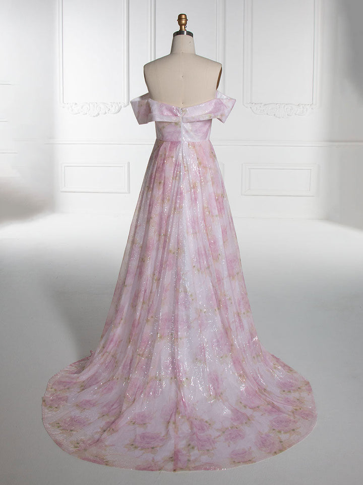 Elegantes A-Linien-Ballkleid mit schulterfreiem, rosafarbenem Print YE3019 