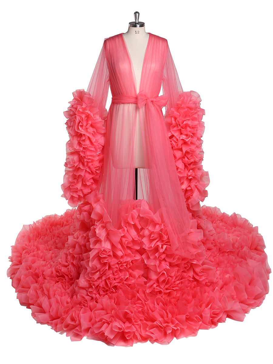 Schleife V-Ausschnitt Organza Plissee Rüschen Langarm Umstandskleid Fotoshooting Babyparty 