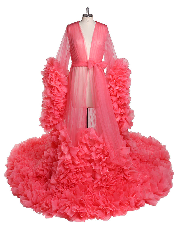 Schleife V-Ausschnitt Organza Plissee Rüschen Langarm Umstandskleid Fotoshooting Babyparty 