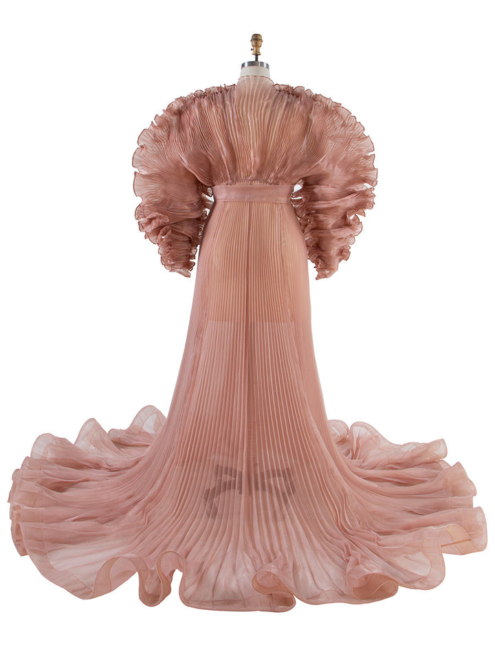 V-Ausschnitt, plissiertes Organza-Umstandskleid für Fotoshooting, großer Rock, transparentes Kleid für Schwangerschafts-Babyparty, YW250013 