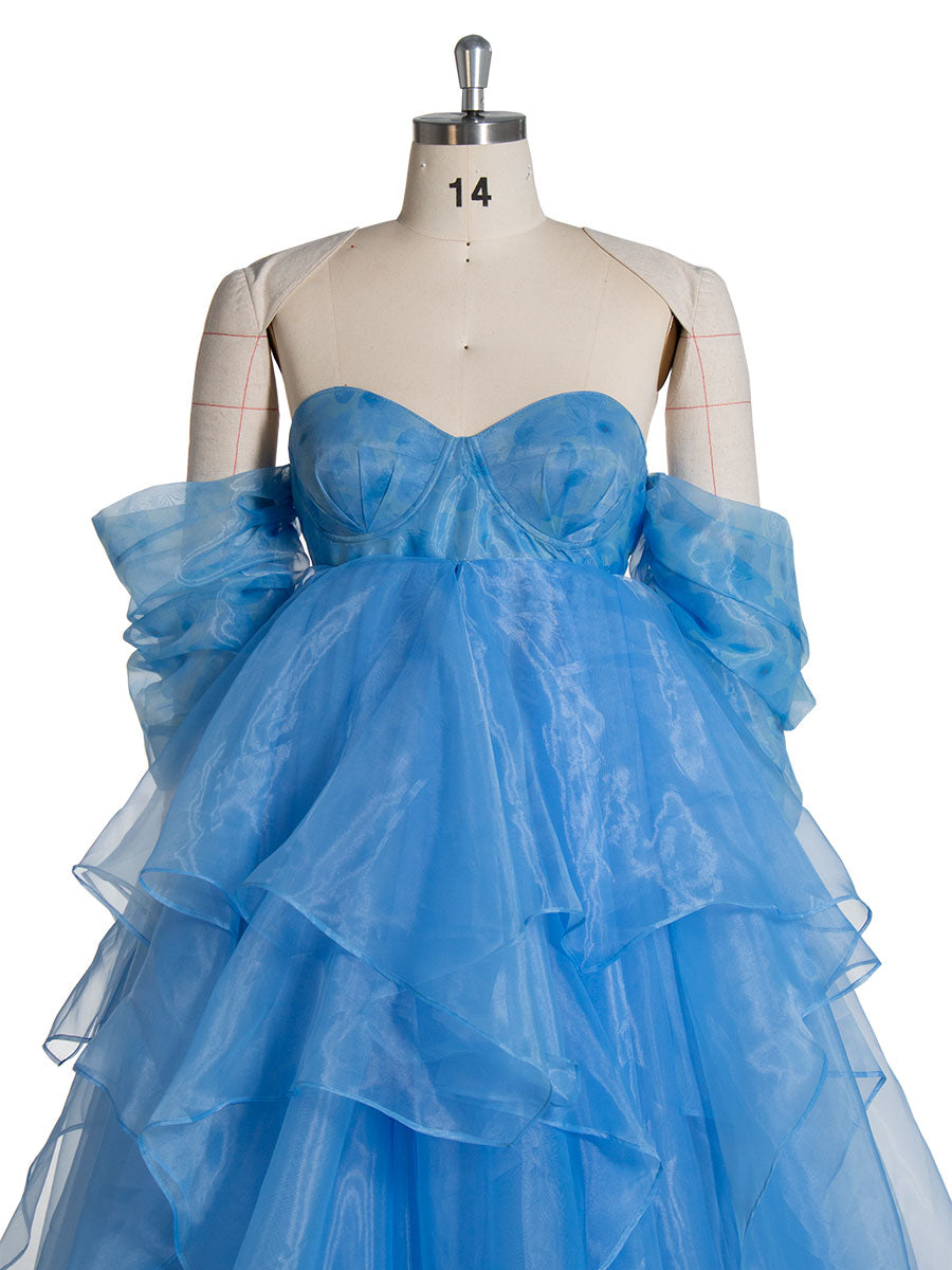 Blaues Organza-Umstands-Babyparty-Kleid Farbige Brautkleider Lange Ärmel YW240104 