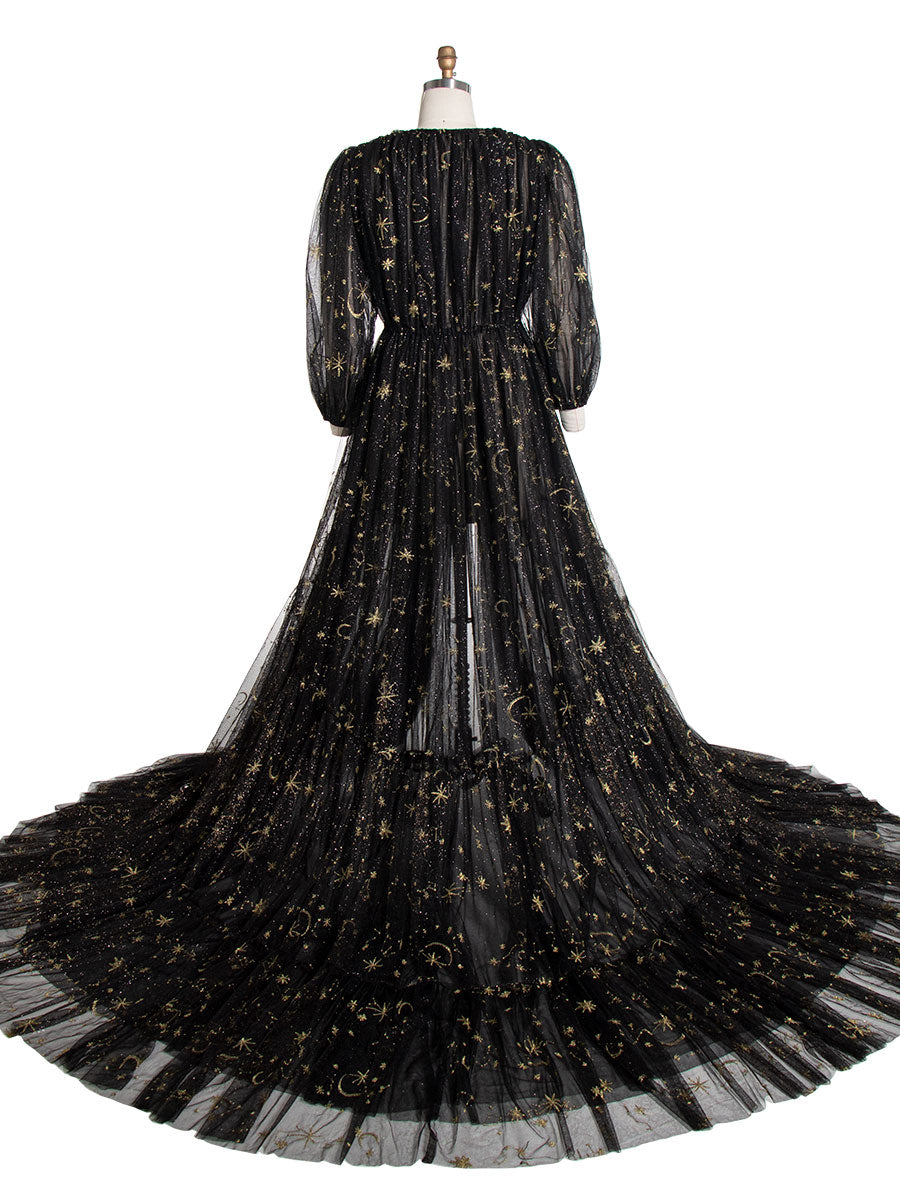 Schwarzer Tüll mit bestickten goldenen Sternen, lange Ärmel, durchsichtiges Fotoshooting-Kleid YW220217-1 