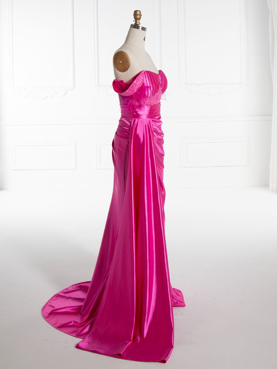 Trumpet/Mermaid Off Shoulder, High Leg Slit ,Satin Prom Dresses