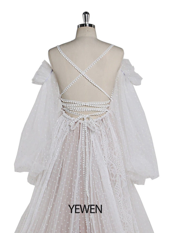 Dot Tüll mit Spitze Farben der Brautkleider Langarm Bohemian Spitze Brautkleid YW220107