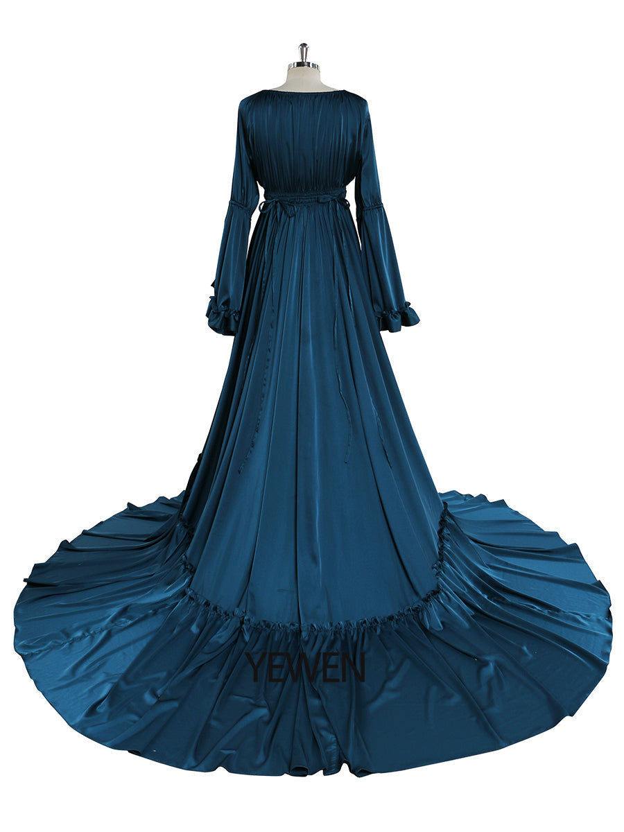 Seidenweiches Satin-Frauenkleid mit langen Ärmeln, Maxikleid, Fotografie-Shooting-Kleider YD211202 