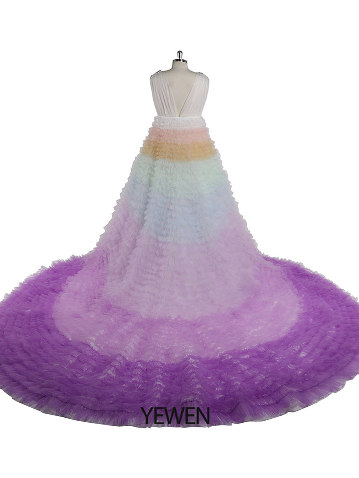 Elegante Regenbogen Rüschen Abendkleider Strass Dekoration Tüll Schichten Fotografie Kleid YEWEN