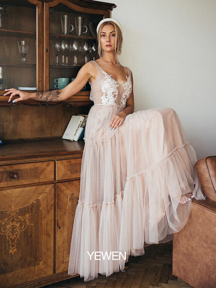 Ärmelloses Umstandskleid für Fotoshhot V-Ausschnitt Spitze Tüll Strand Brautkleid YD22603 