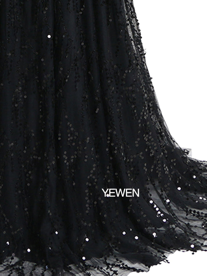Schwarzes V-Ausschnitt Pailletten Elegantes Langarm Abendkleid Formelle Partykleider 