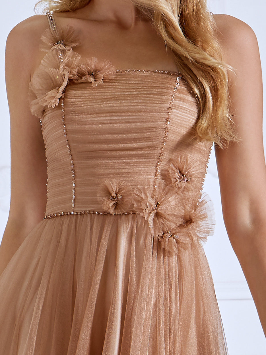Spaghetti Strap, Glitter Mesh, Ankle Length , Prom Ball Gown 