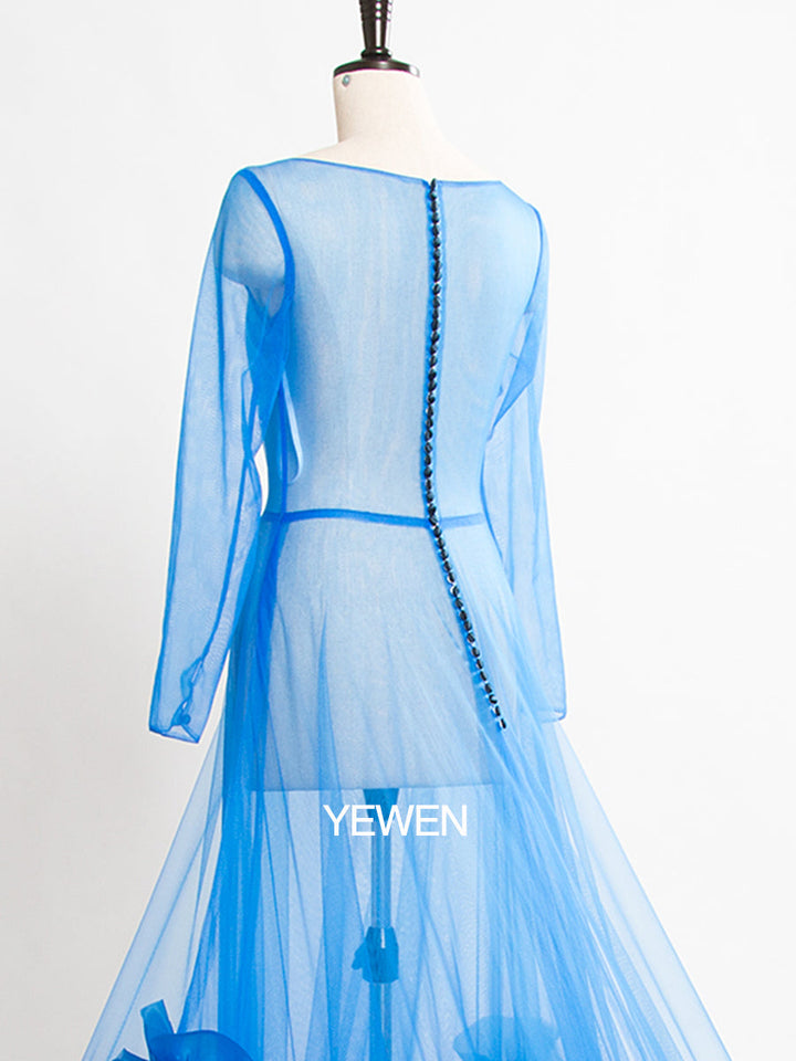 Blaues Langarm-Umstandskleid im Meerjungfrauen-Stil, Rundhalsausschnitt, durchsichtig, sexy Partykleid 
