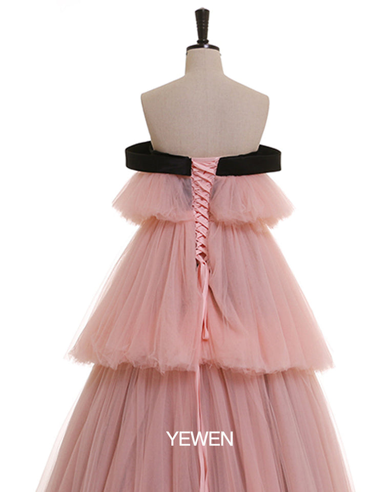 Rosa Prinzessinnen-Partykleid, gestuftes A-Linien-Trägerloses Umstandskleid 