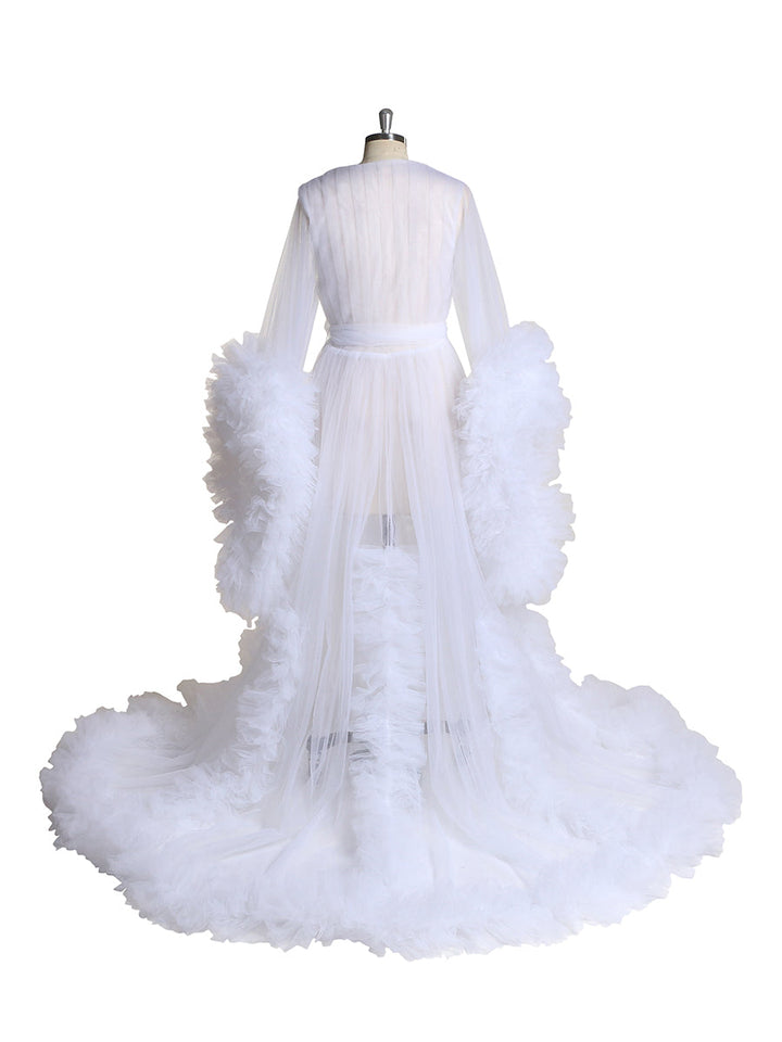 Langärmliges Brautkleid, elegantes, durchsichtiges Maxi-Umstandskleid mit Rüschen