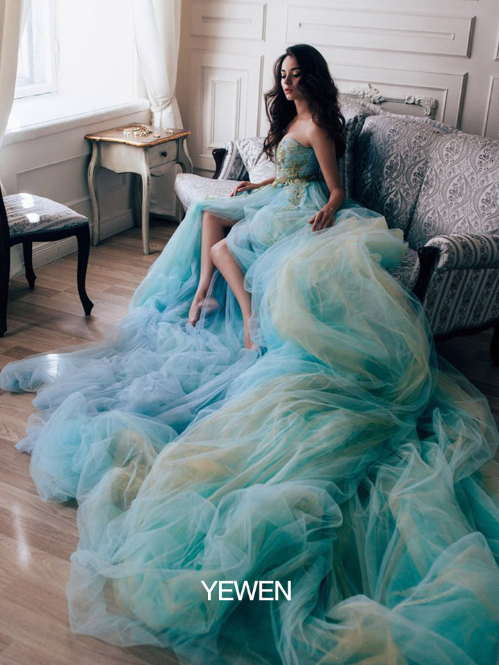 Elegantes Umstandskleid für Fotoshooting, trägerlos, Schlitz, Tüll, Hochzeits- und Abend-Maxikleid mit 2 m Schleppe 