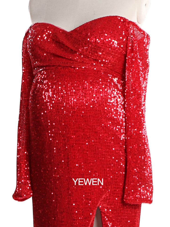 Langärmliges Pailletten-V-Ausschnitt-Abendkleid mit offener Vorderseite und Stretch-Bauch