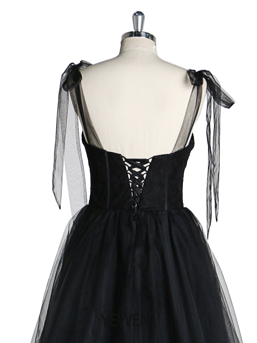 Schwarzes, schlichtes Partykleid mit Spaghettiträgern, formelles Tüllkleid, Abendkleid 