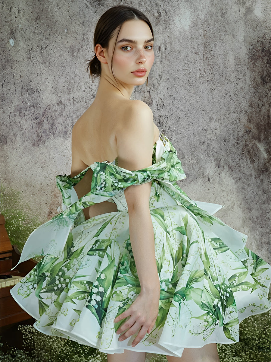 Grünes Midi-Ballkleid mit Blumenmuster, Cocktailparty, Heimkehrkleid 