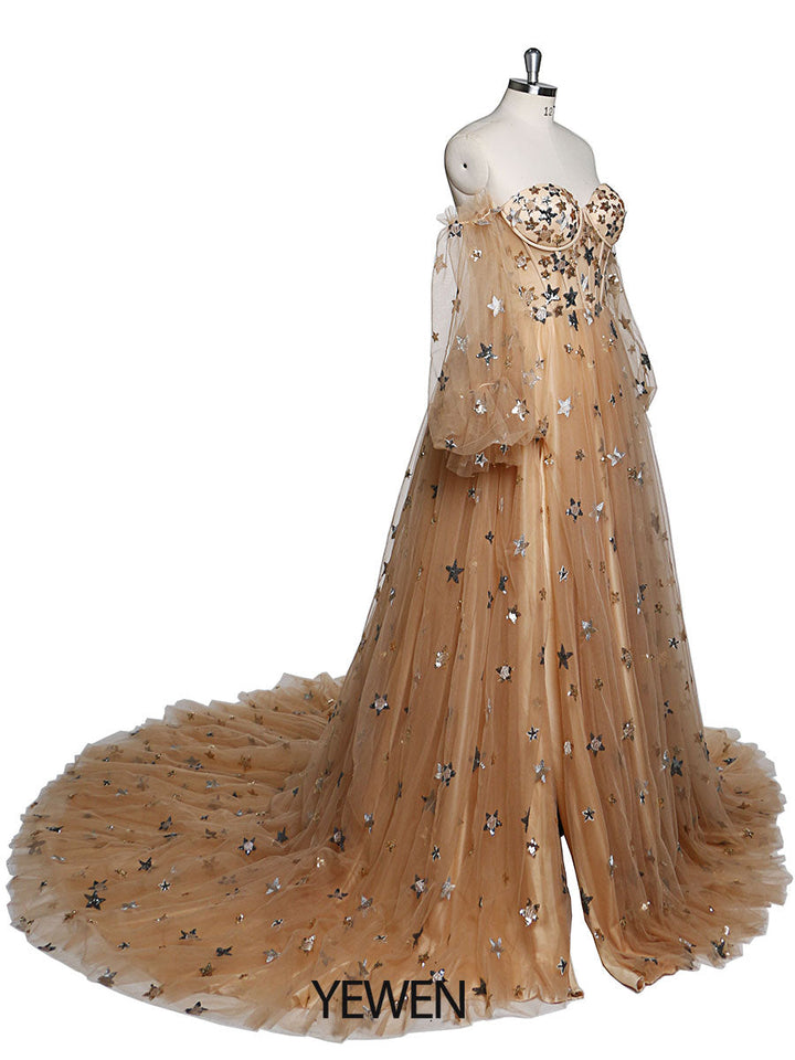 Abendkleid mit funkelnden Sternen, lang, abnehmbare Ärmel, formelles Partykleid, Fotoshooting-Kleid, Übergröße, YW220311 