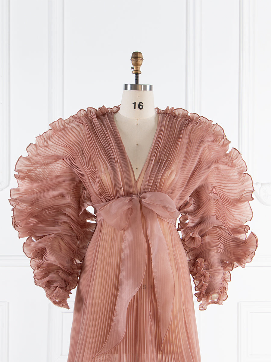 V-Ausschnitt, plissiertes Organza-Umstandskleid für Fotoshooting, großer Rock, transparentes Kleid für Schwangerschafts-Babyparty, YW250013 