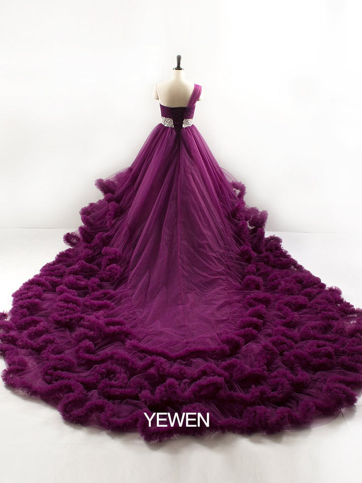 Benutzerdefinierte Farbe One Shoulder Rückenfrei Rüschen Elegantes Umstandskleid Hochzeitskleid 