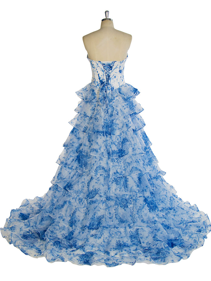 Blaues bedrucktes langes Maxikleid, elegantes Ball- und Partykleid YW240048