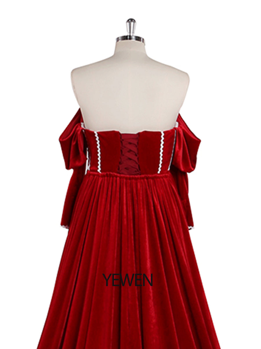 Langärmliges, schulterfreies rotes Samt-Meerjungfrauen-Ballkleid mit Seitenschlitz für Fotoshootings YW230747