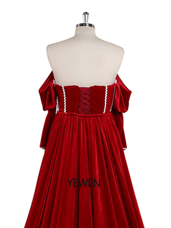 Langärmliges, schulterfreies rotes Samt-Meerjungfrauen-Ballkleid mit Seitenschlitz für Fotoshootings YW230747