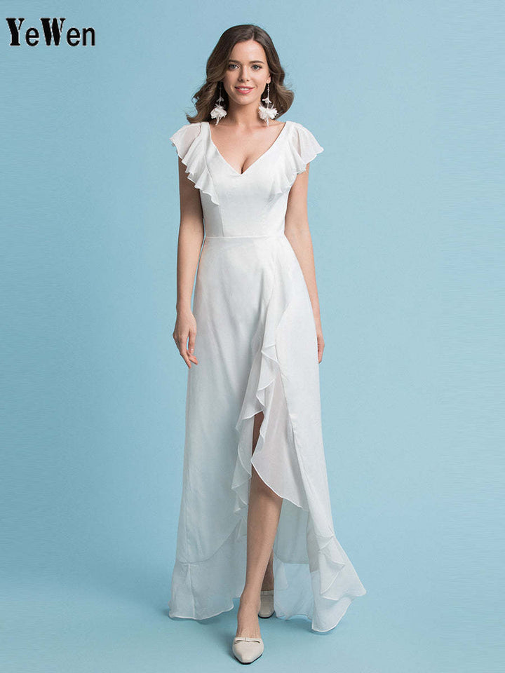 Etui-Linie/Säule Chiffon Ärmel V-Ausschnitt Brautkleid Bodenlang 