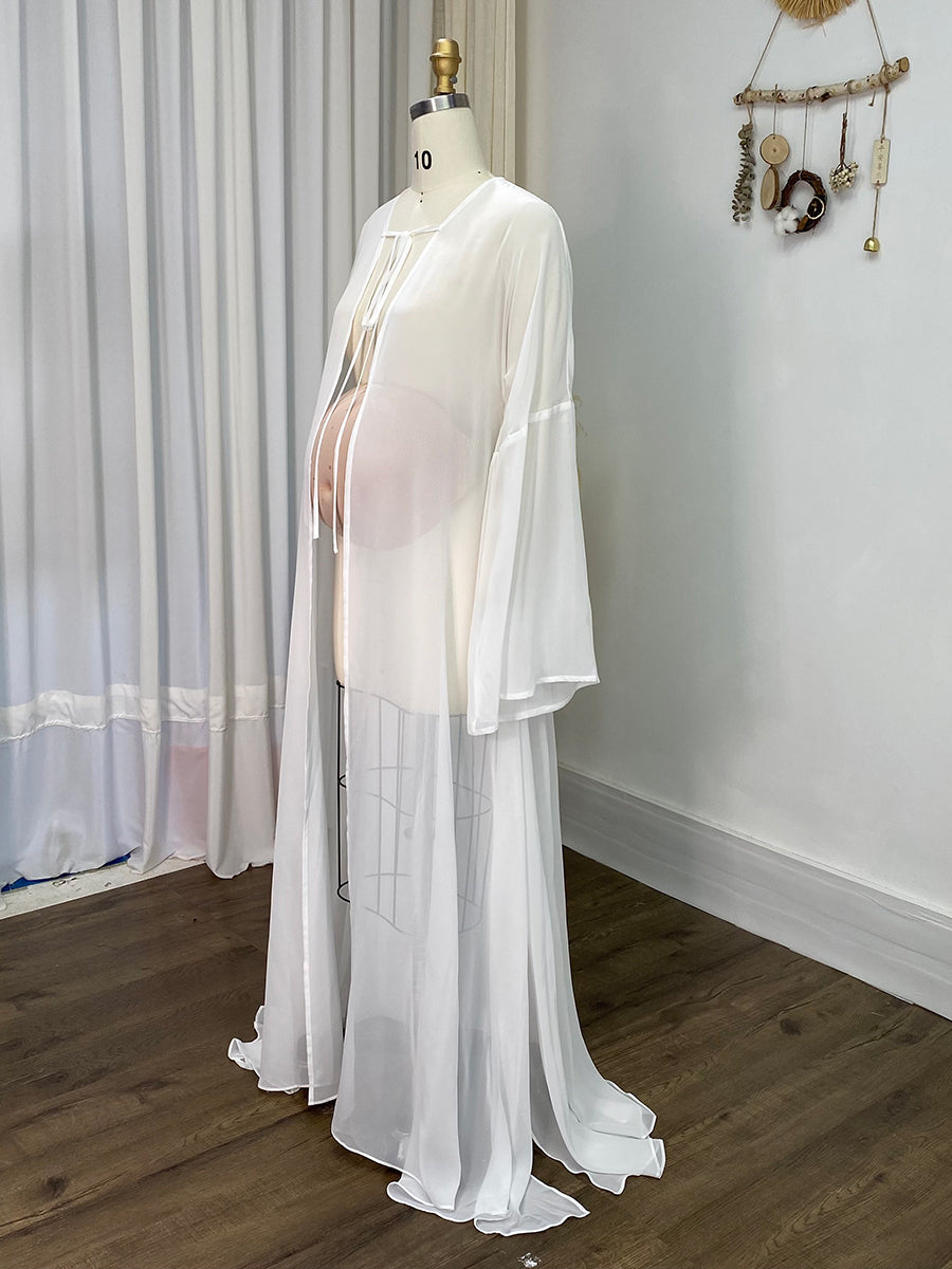 Weißes Umstandskleid für Fotoshooting, Transparentes Chiffon-Umstandskleid, Umstandsboudoir YW243123