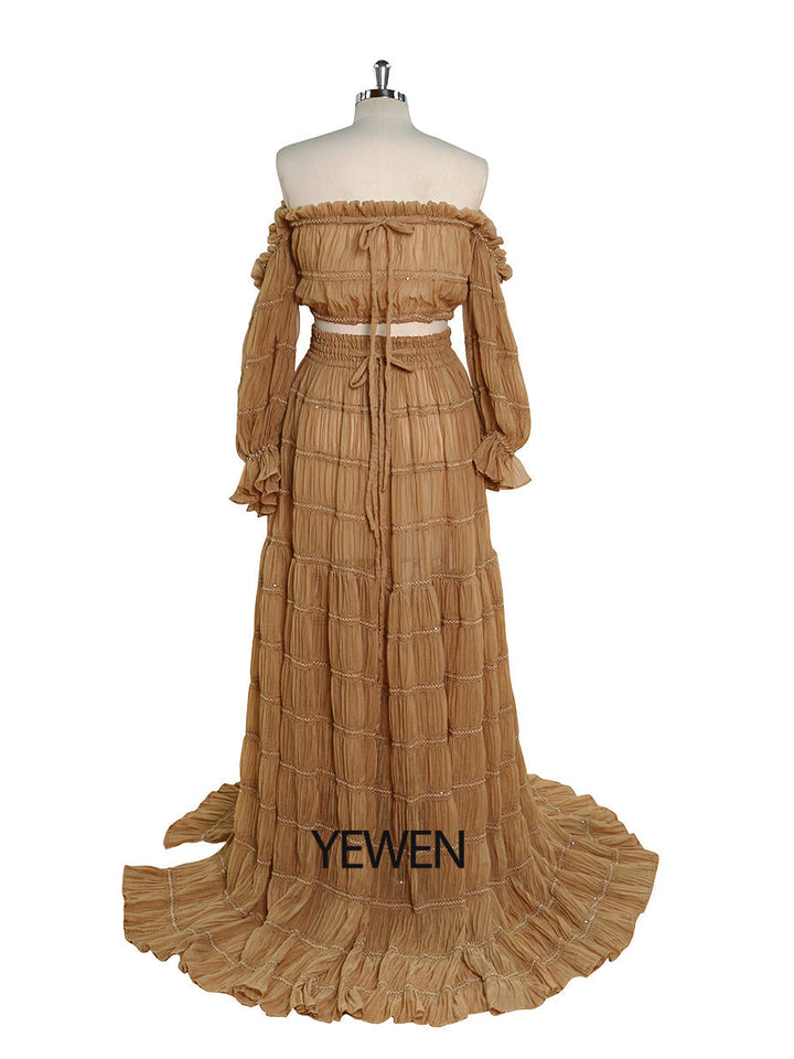 Elegant 2 Piece Set dress Boho Summer Beach Dress Woman Photo Shoot Gowns Side Slit  YEWEN YW220821