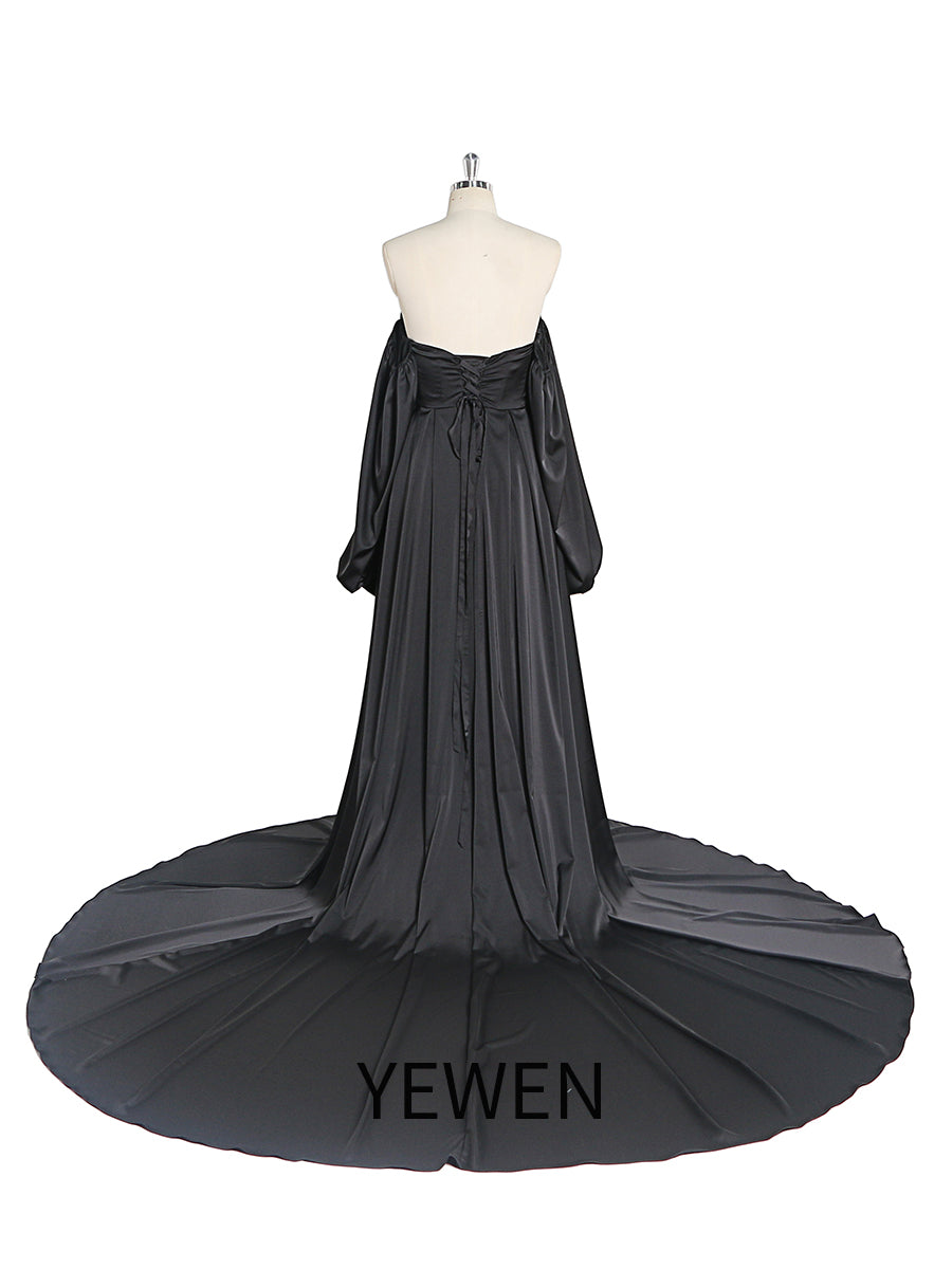 A-Linie Satin Brautkleid mit Schnürung am Rücken und langen Ärmeln, Kleider für Fotoshootings YW220928 
