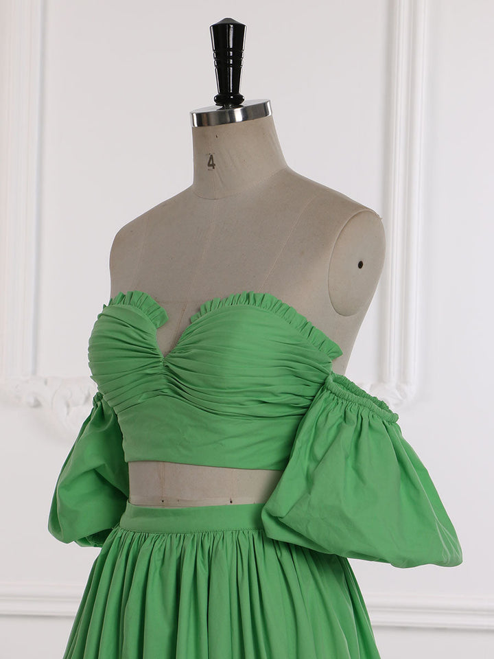 Zweiteiliges Set Grünes Ballkleid Elastische Taille Bindeband am Rücken Umstandskleid Fotoshooting-Kleid YW231155 