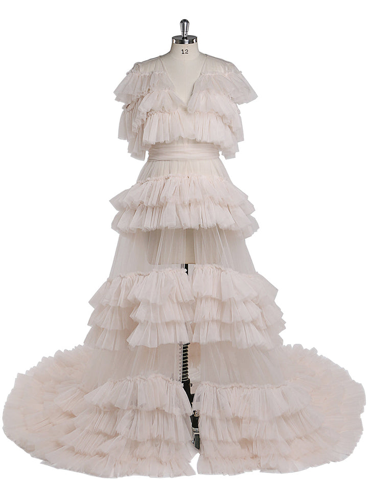 Rüschen Abendkleider V-Ausschnitt Kurze Ärmel Sexy Schwangerschaftsfotografie Kleid Tüll Ballkleid YEWEN