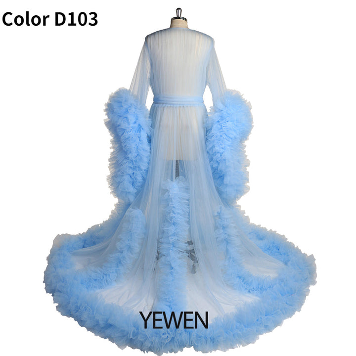 Langärmliges Brautkleid, elegantes, durchsichtiges Maxi-Umstandskleid mit Rüschen