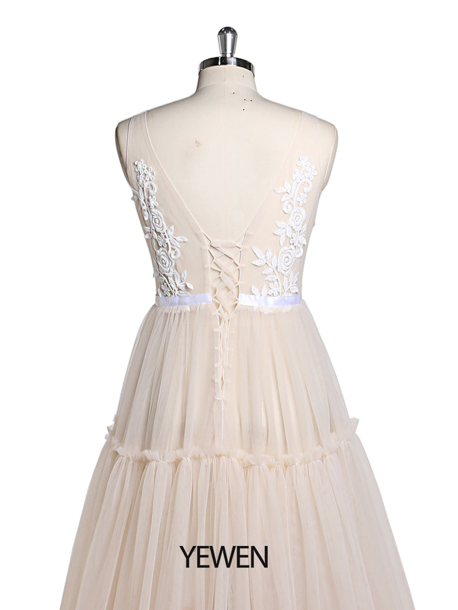 Ärmelloses Umstandskleid für Fotoshhot V-Ausschnitt Spitze Tüll Strand Brautkleid YD22603 