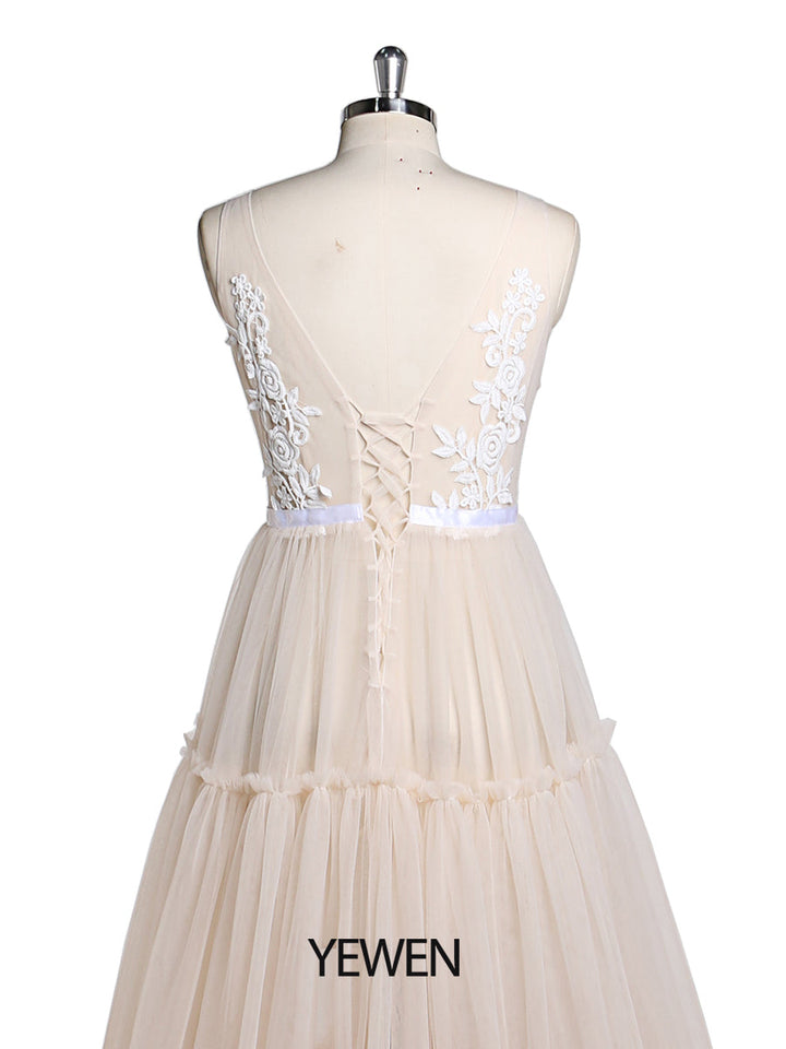 Ärmelloses Umstandskleid für Fotoshhot V-Ausschnitt Spitze Tüll Strand Brautkleid YD22603 