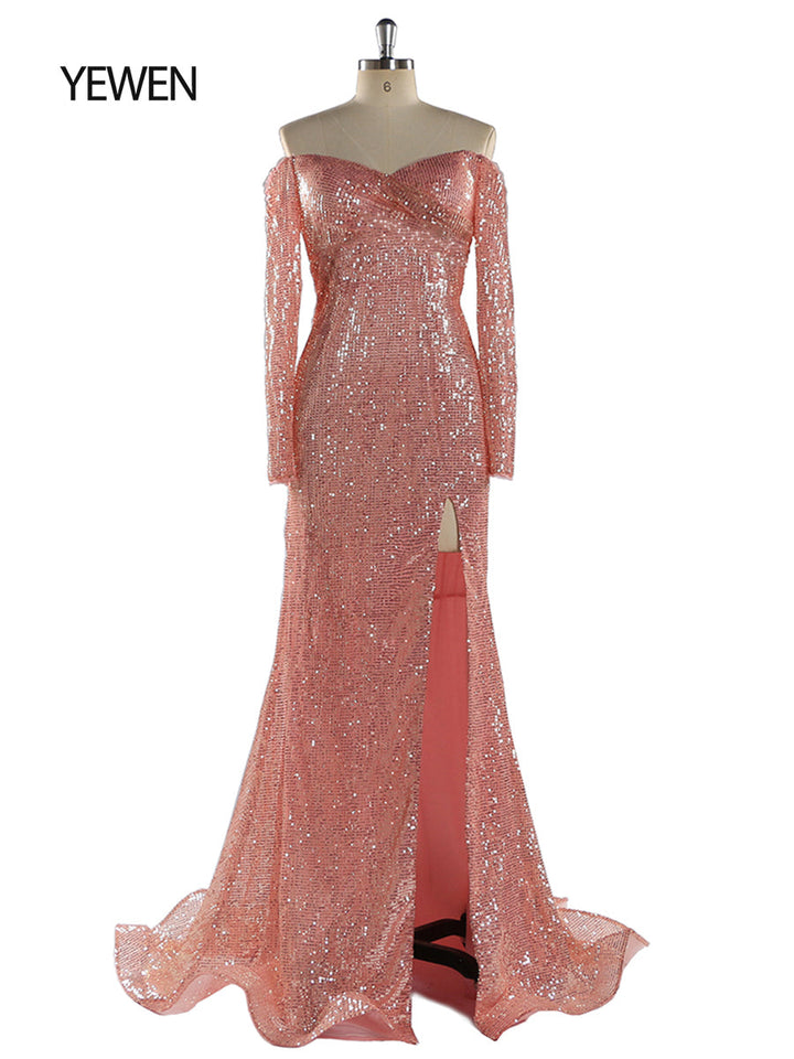 Langärmliges Pailletten-V-Ausschnitt-Abendkleid mit offener Vorderseite und Stretch-Bauch