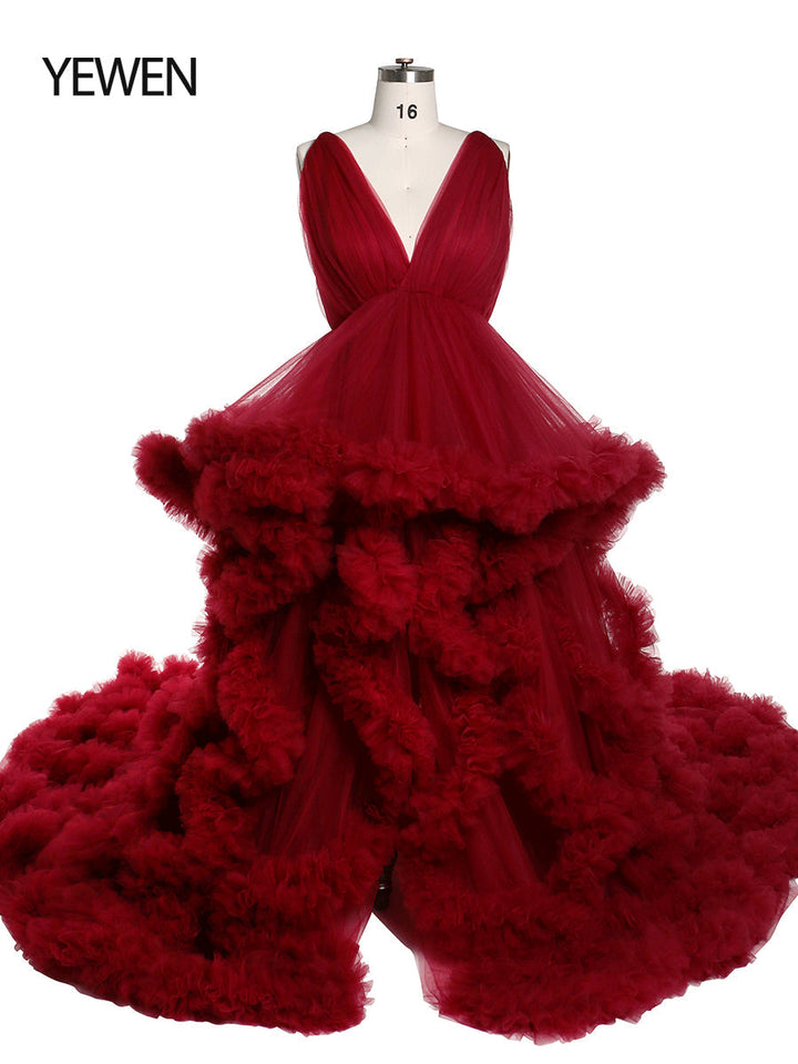 Schwarzes Umstands-Fotoshooting-Kleid mit V-Ausschnitt, gekreuzte Schnürung am Rücken, Babyparty-Kleid, Robe für Fotoshooting, YW220516 