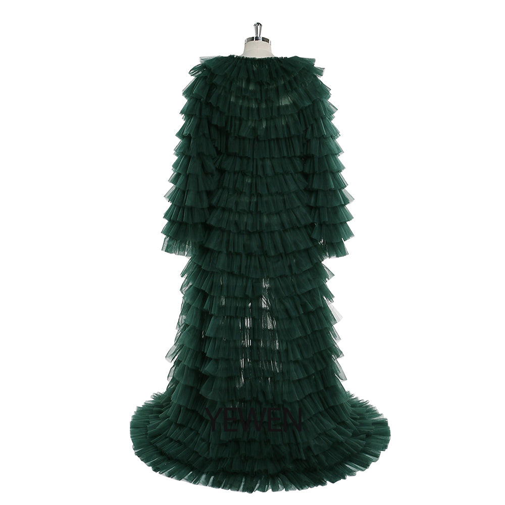 Grünes Abendkleid, Ballkleid, Tüll, gestuftes Langarm-Maxikleid für Damen