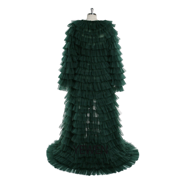 Grünes Abendkleid, Ballkleid, Tüll, gestuftes Langarm-Maxikleid für Damen