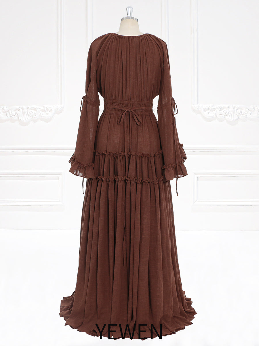 Long Sleeves Cotton Woman Maxi Dresses Side Slit Photo Shoot Dress YEWEN YW231092