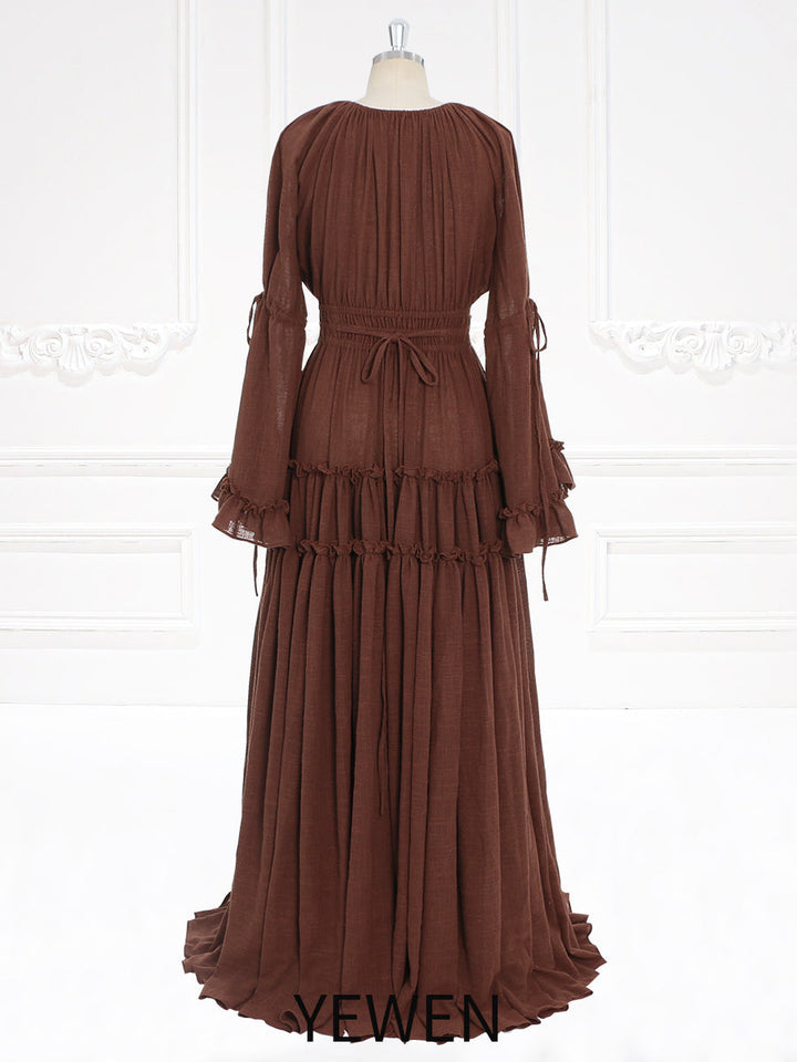 Long Sleeves Cotton Woman Maxi Dresses Side Slit Photo Shoot Dress YEWEN YW231092