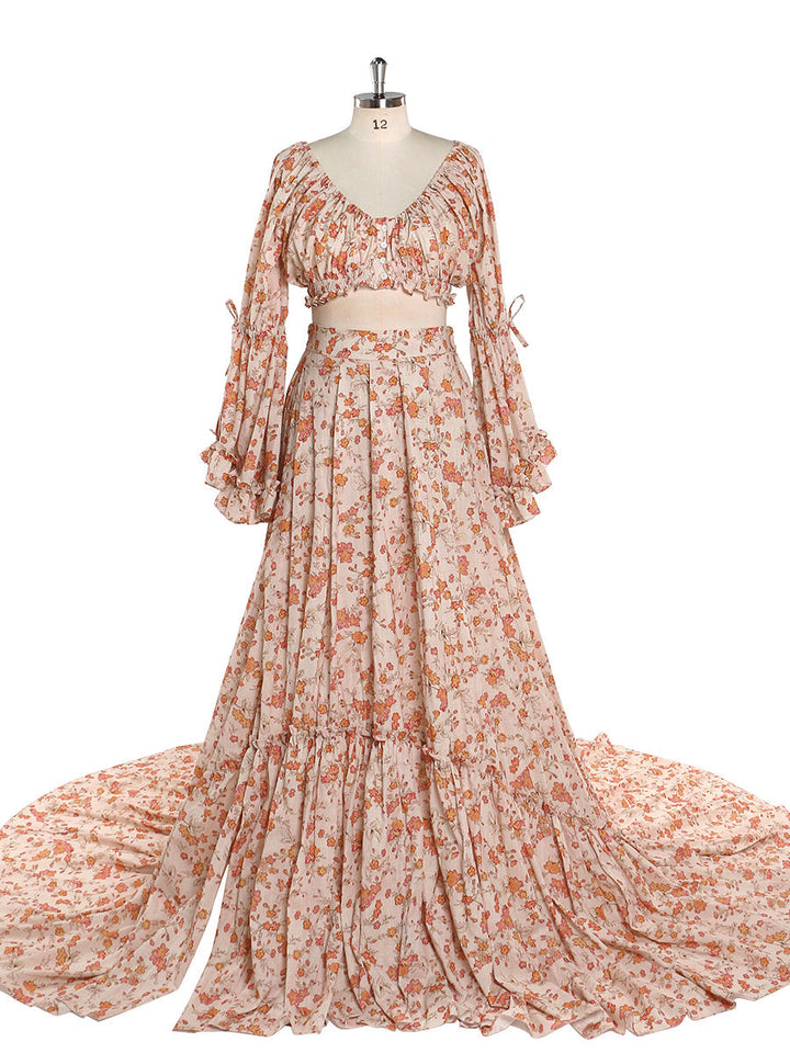 Elegantes Maxikleid aus Baumwolle mit Blumendruck für Damen, Boho-Strandkleid, 2-teilig, ausgefallene Fotografie-Requisiten, YD211008