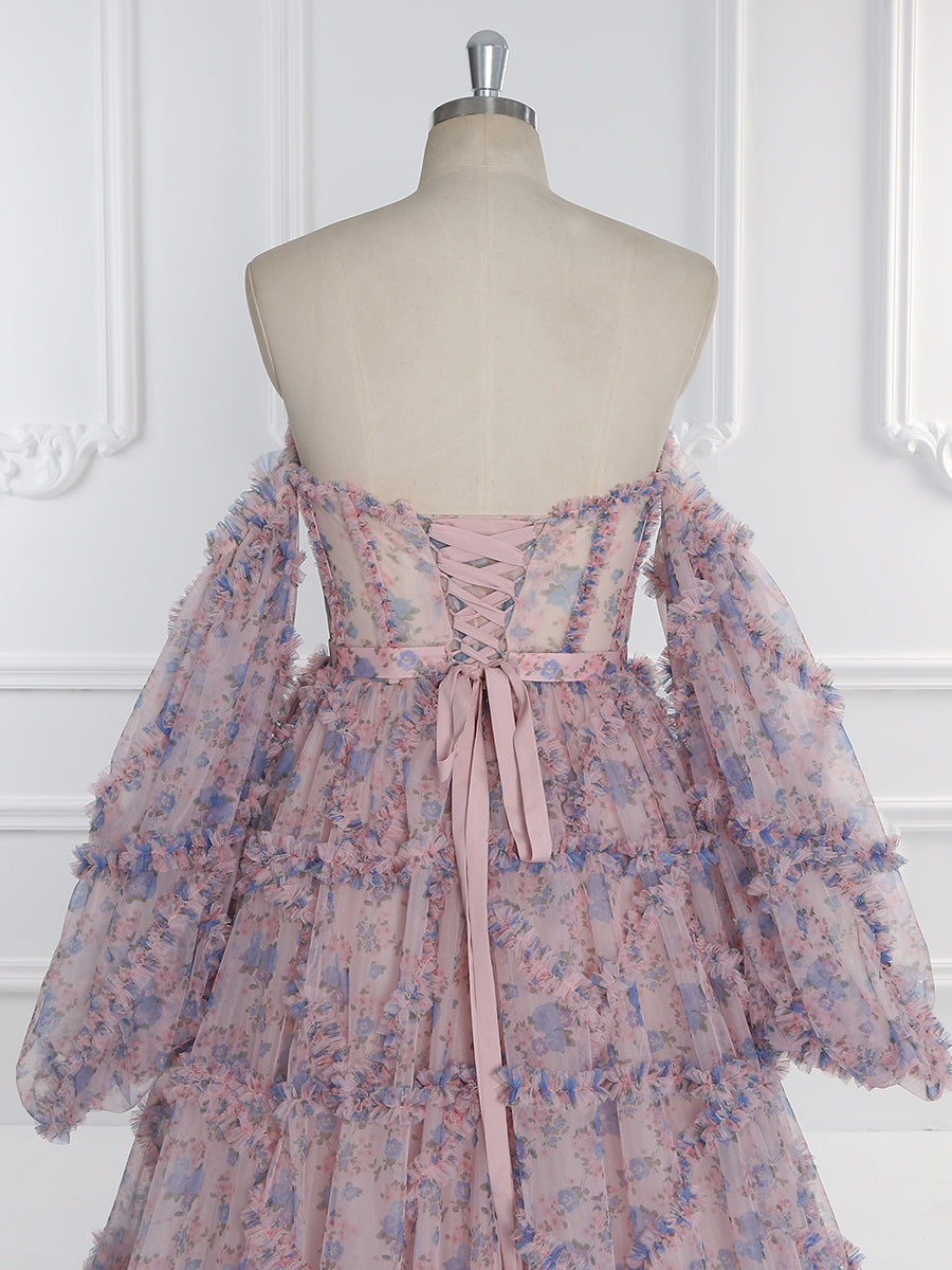 Elegant Floral Tulle Maxi Dress with Sleeves , Woman Photoshoot Dress