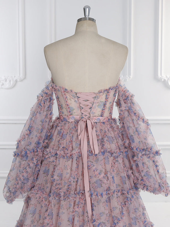 Elegant Floral Tulle Maxi Dress with Sleeves , Woman Photoshoot Dress