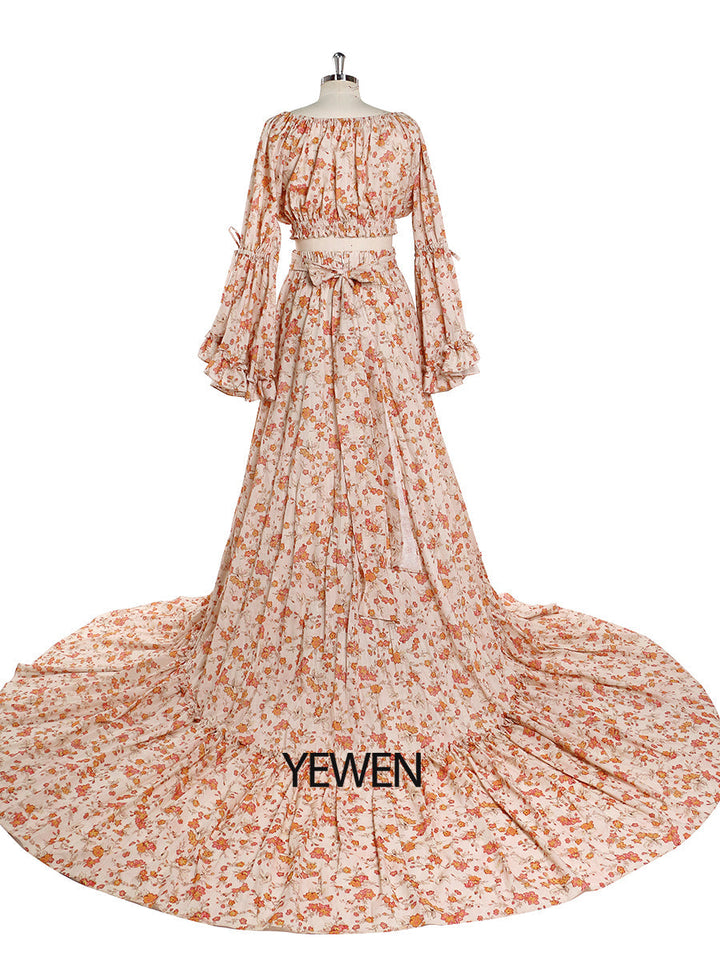 Elegantes Maxikleid aus Baumwolle mit Blumendruck für Damen, Boho-Strandkleid, 2-teilig, ausgefallene Fotografie-Requisiten, YD211008