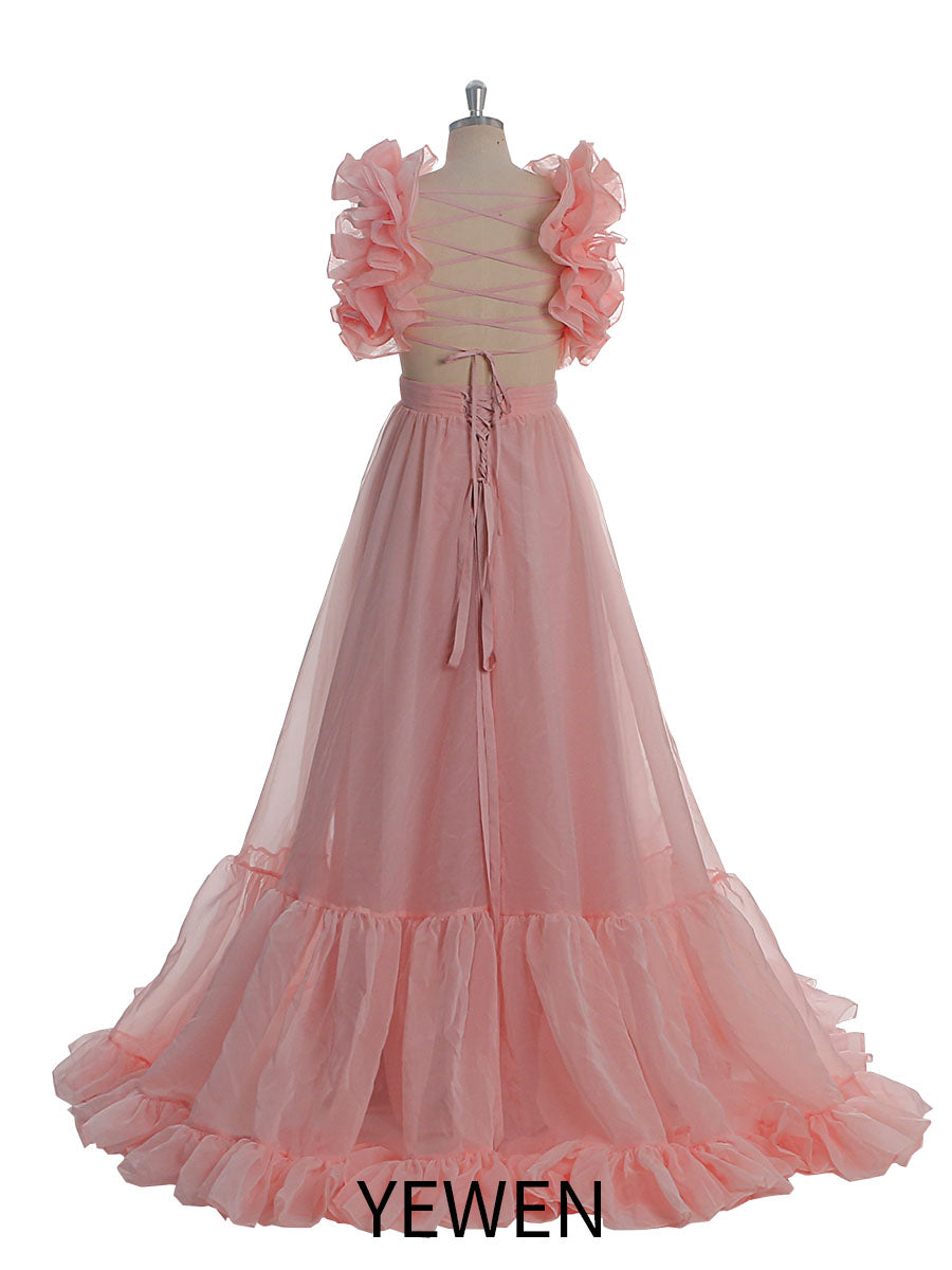 Maxikleid aus Seidenorganza, elegante Rüschen, rückenfrei, Ballkleider, Fotografie-Kleider YW221116