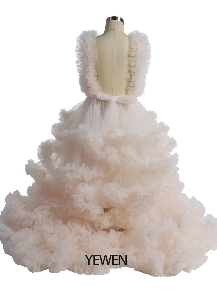 Weiche Tüllrüschen V-Ausschnitt Erstkommunionkleider für Mädchen Blumenmädchenkleider Prinzessin Partykleid Fotoshootingkleid YW220920 