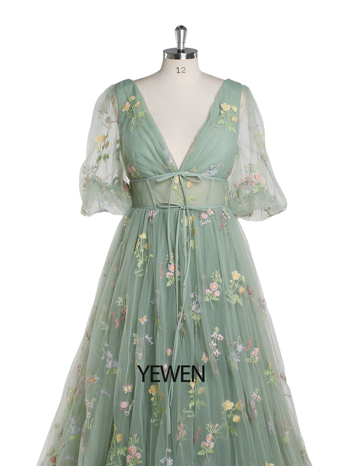 V-Ausschnitt Stickerei Tüll Pastoral Farbige Brautkleider Anlasskleid YEWEN YW220324