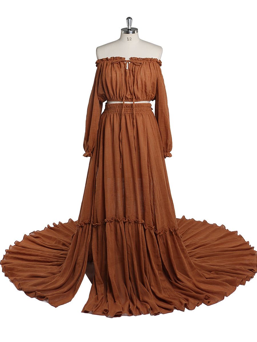 Versandfertig - 2-teiliges Set Maxikleider Dehnbare Taille Umstandskleid Fotografie Kleid YD211229