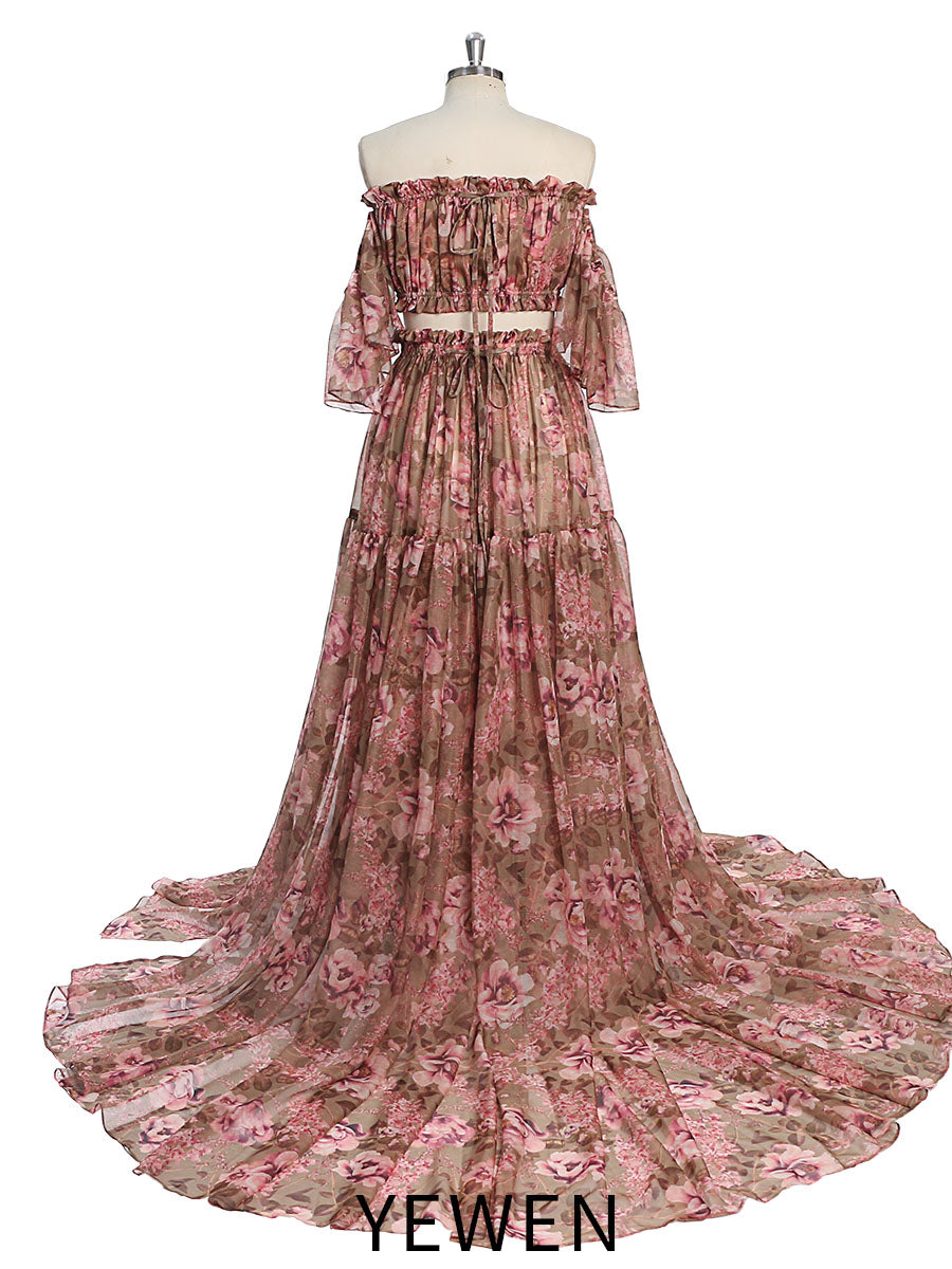 Chiffon-Print 2-teiliges Set-Kleid für Fotoshooting Frau Maxikleid YW230317